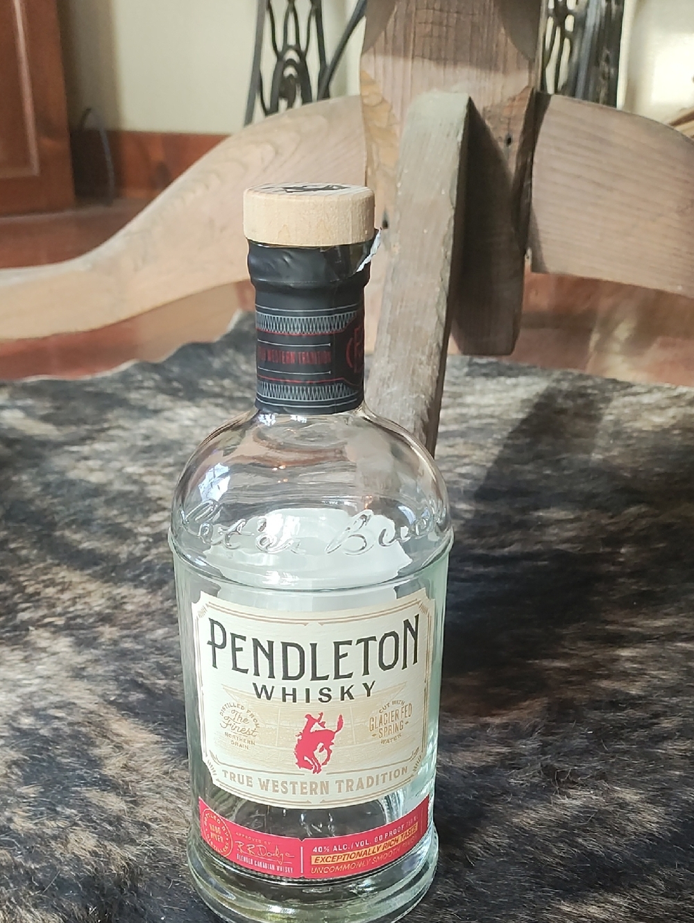 Pendleton Whisky Clear Bottle with Red and Cream Label-crafts or decor.